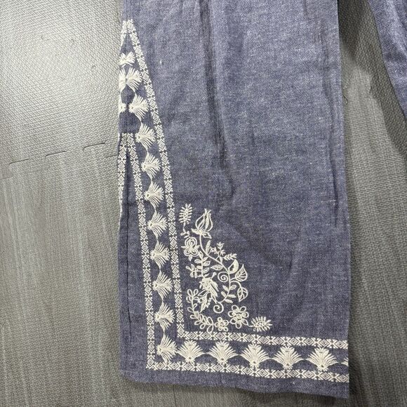 THML Linen Cotton Denim Wide Leg Pant With Embroidered Lace Design Medium - Picture 3 of 9